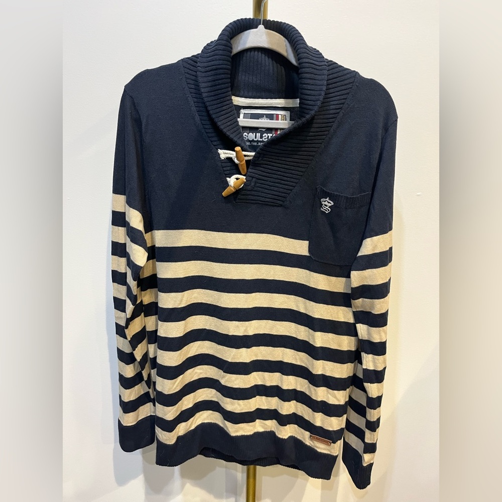 Stylish Men's Navy and Cream Striped Turtleneck Sweater